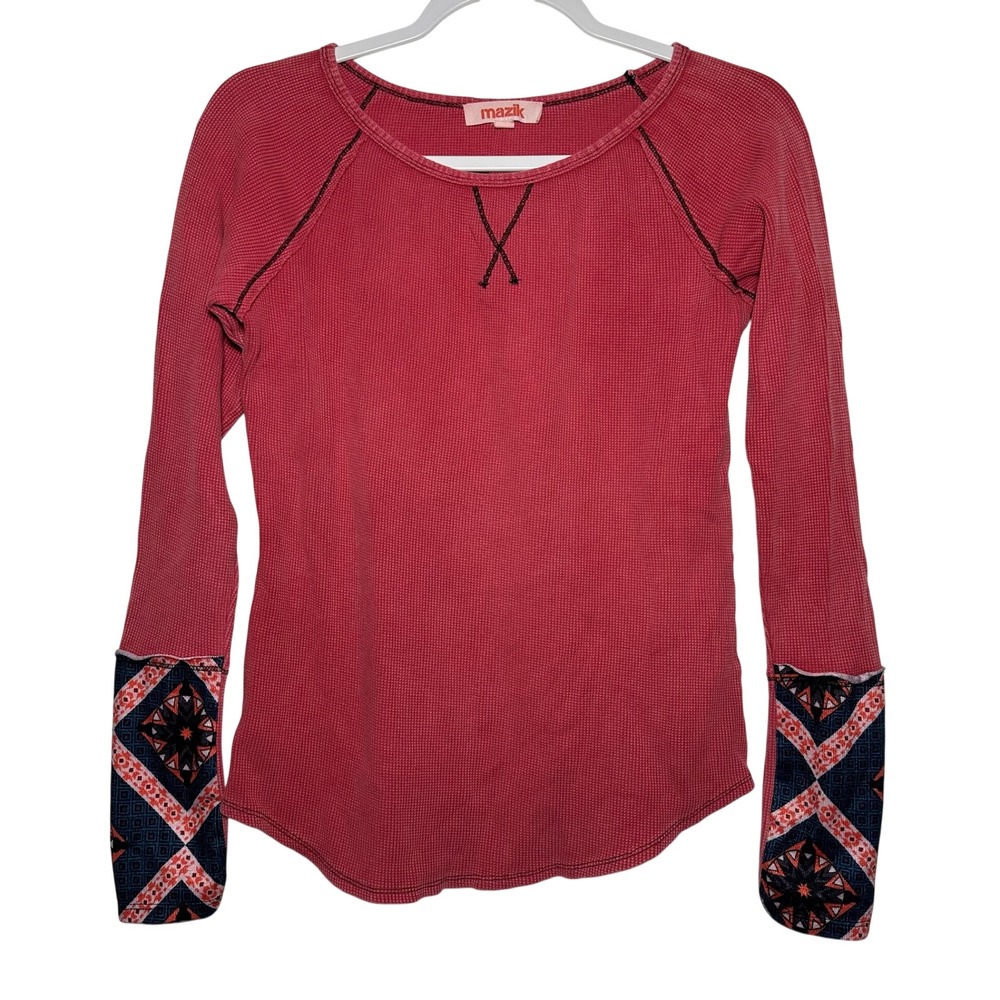 Mazik Red Waffle Knit Long Sleeve Top Geometric Cuff Detail Women's Size S